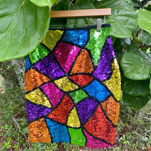 Vintage Dresses & Skirts - SOLD NWT Vtg Casual Corner Multicolor Rainbow Sequin Pencil Skirt Sz 12 90s